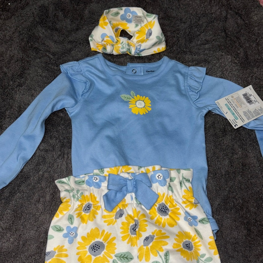 Gerber girl 3 piece set 6-9 month 16-20lbs baby blue sunflower headband